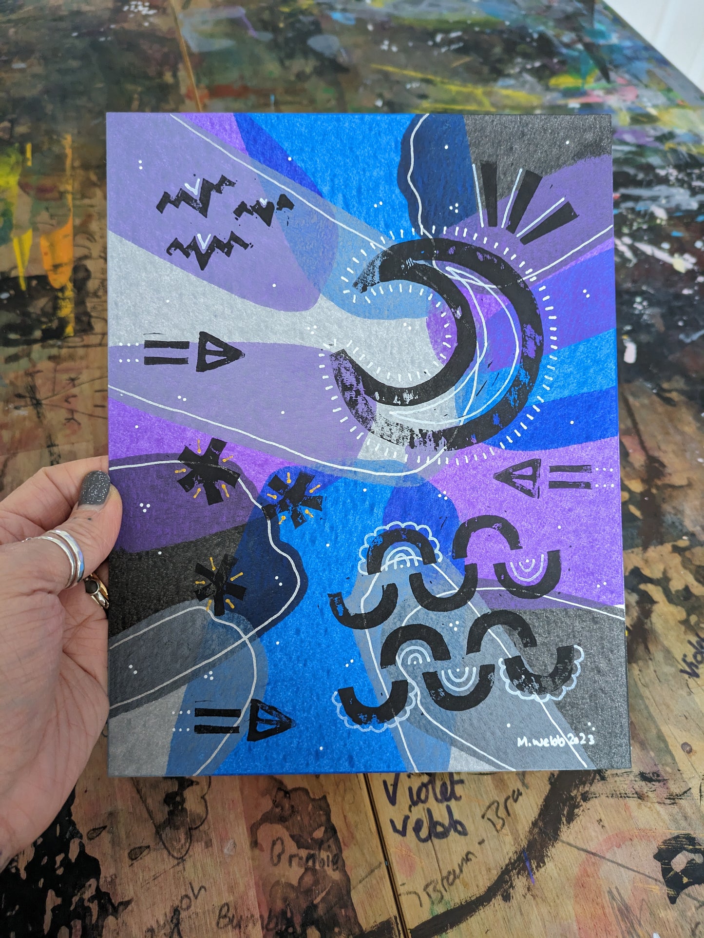 Fly me to the moon :: original acrylic painting :: 7x9"