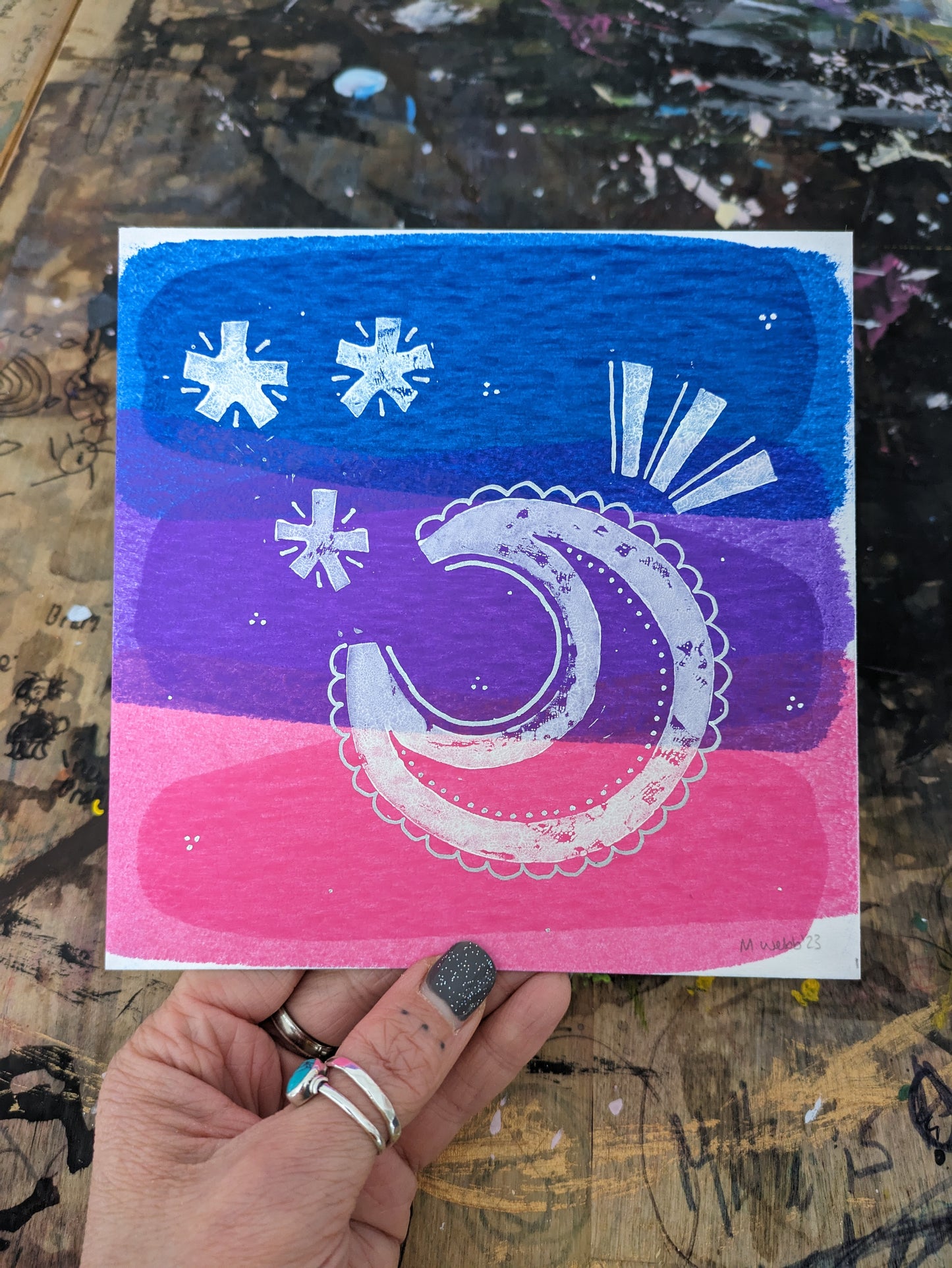 Moon and stars :: original acrylic painting :: 6x6"
